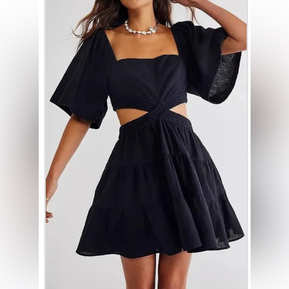 Black Puff Sleeve Dress with Cutout